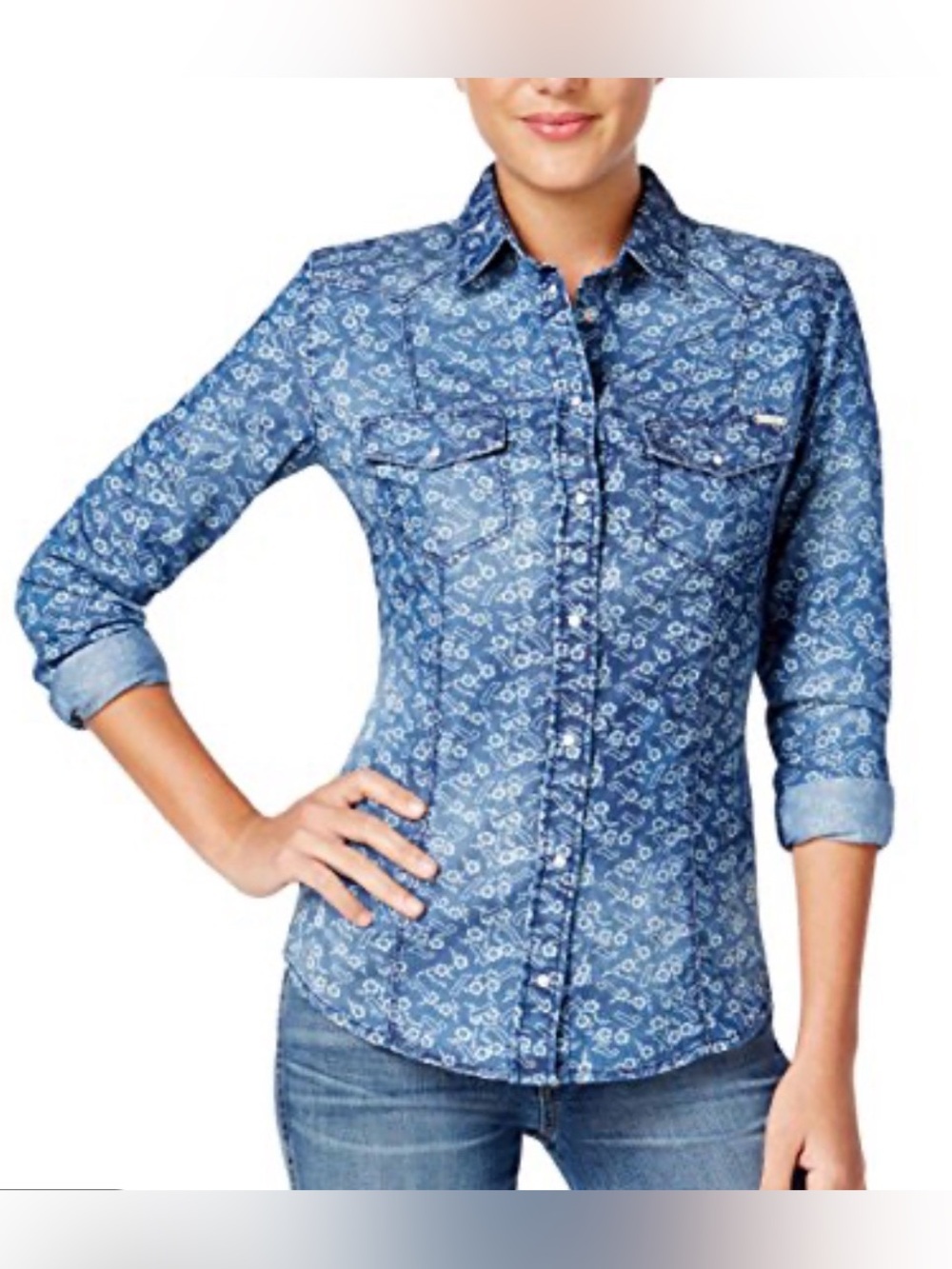 Guess Blue Floral-Print Button Down Shirt  used once excellent condition